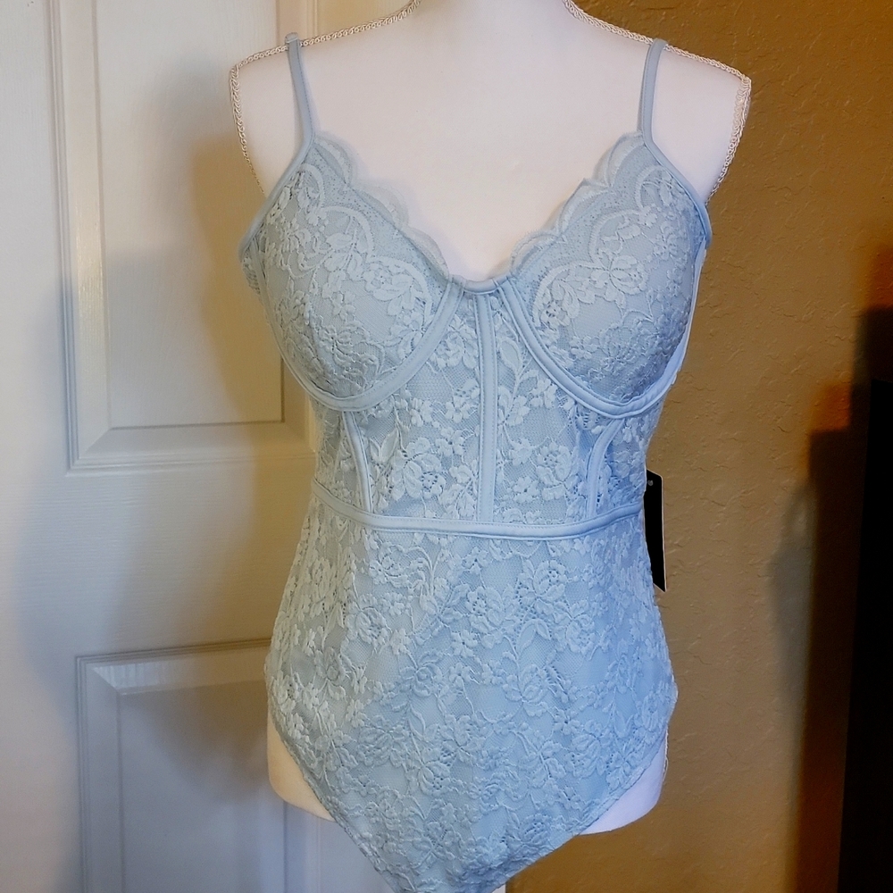 Faded Rose Lace Bodysuit - Blue - Large